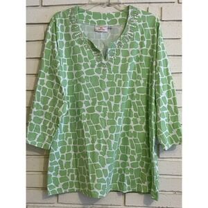 NEW Quacker Factory Top 2X Green Animal Print Blouse‎ Shirt 3/4 Sleeve